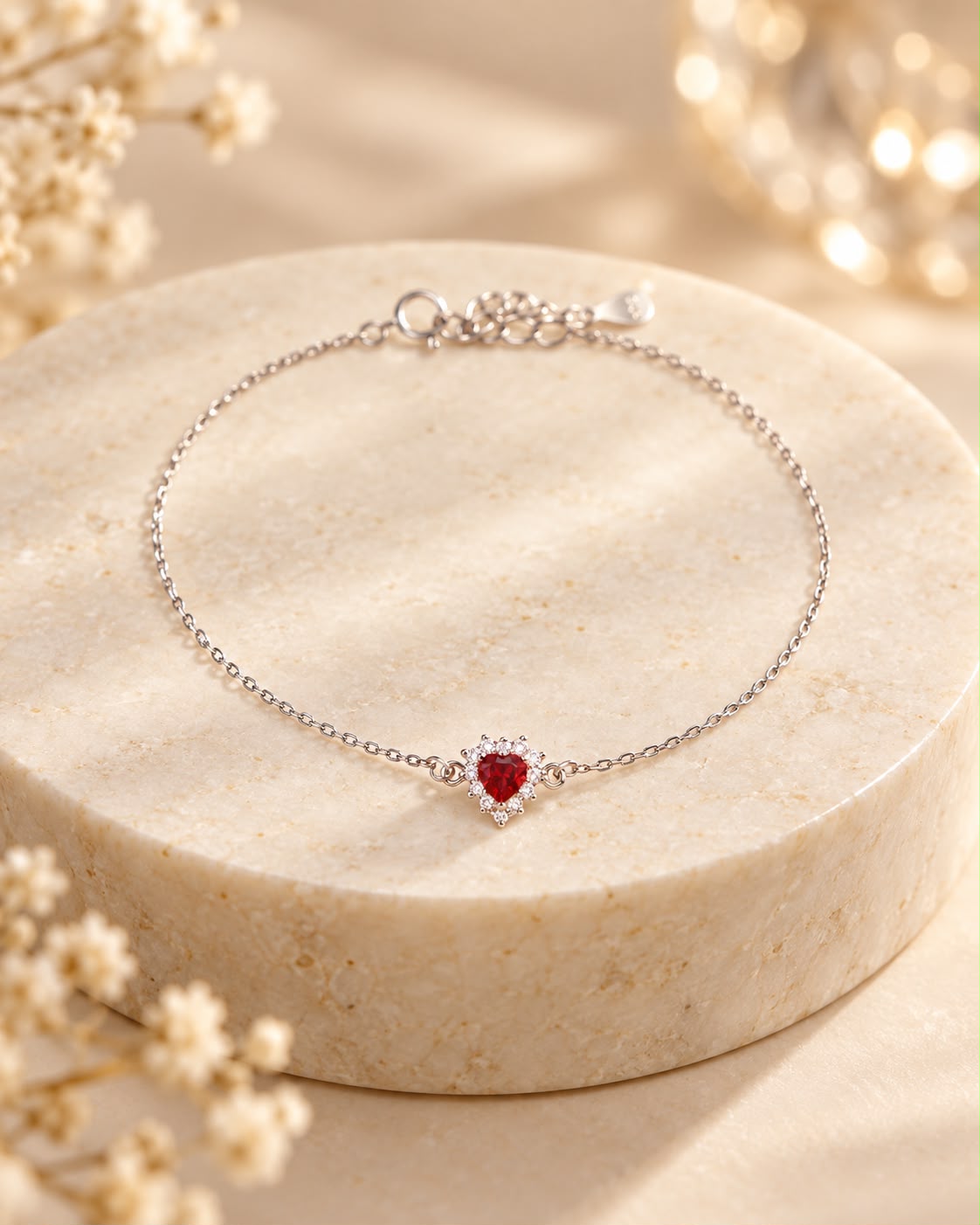Bracciale Cuore regolabile con contorno Swarovski e Rubino Centrale Rosso
