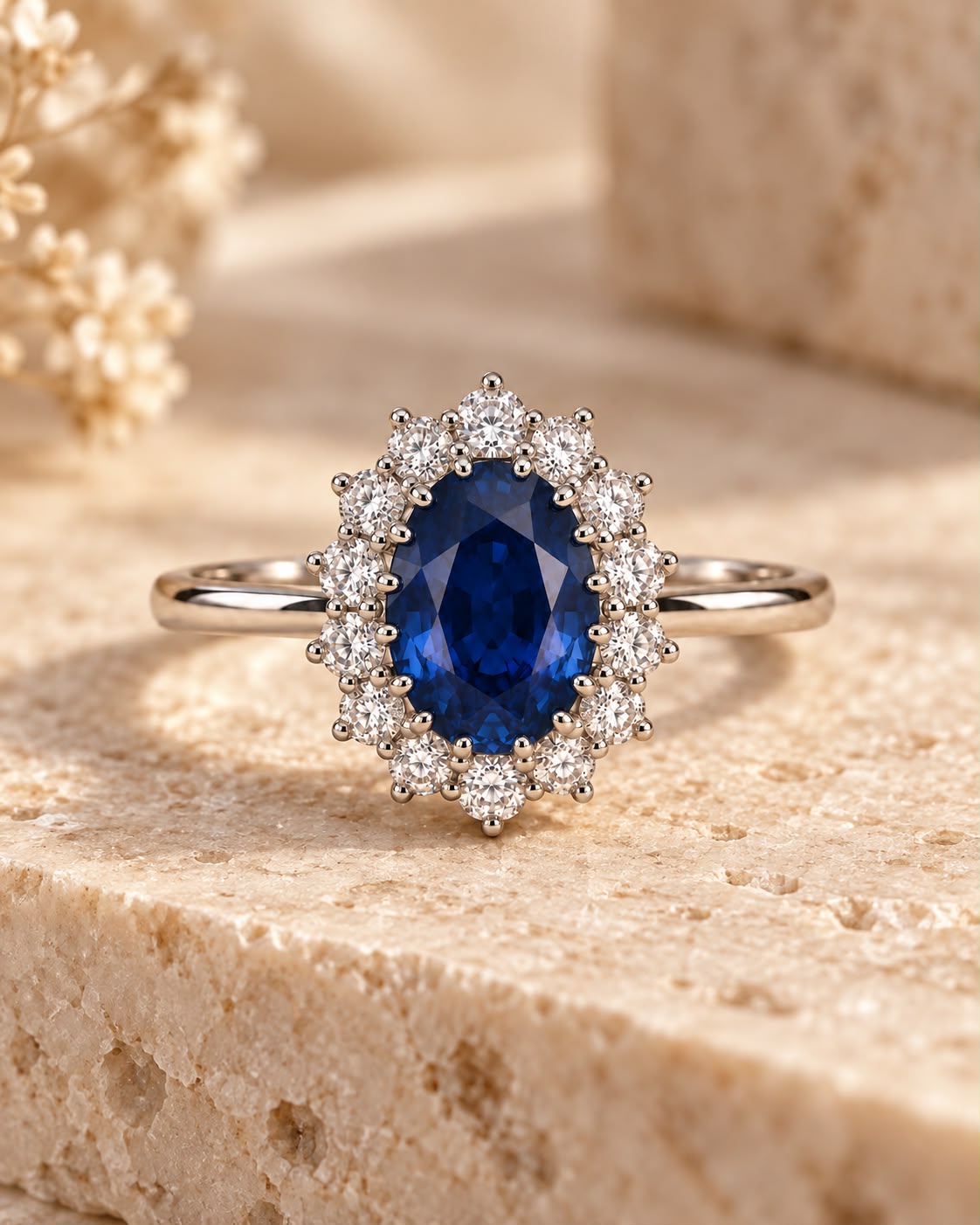 Anello Kate regolabile con Swarovski Bianchi e Zaffiro Centrale Blu Notte