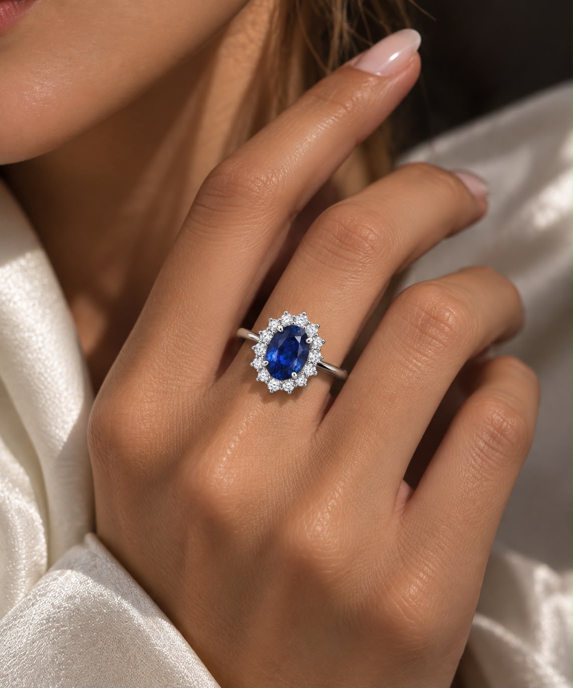 Anello Kate regolabile con Swarovski Bianchi e Zaffiro Centrale Blu