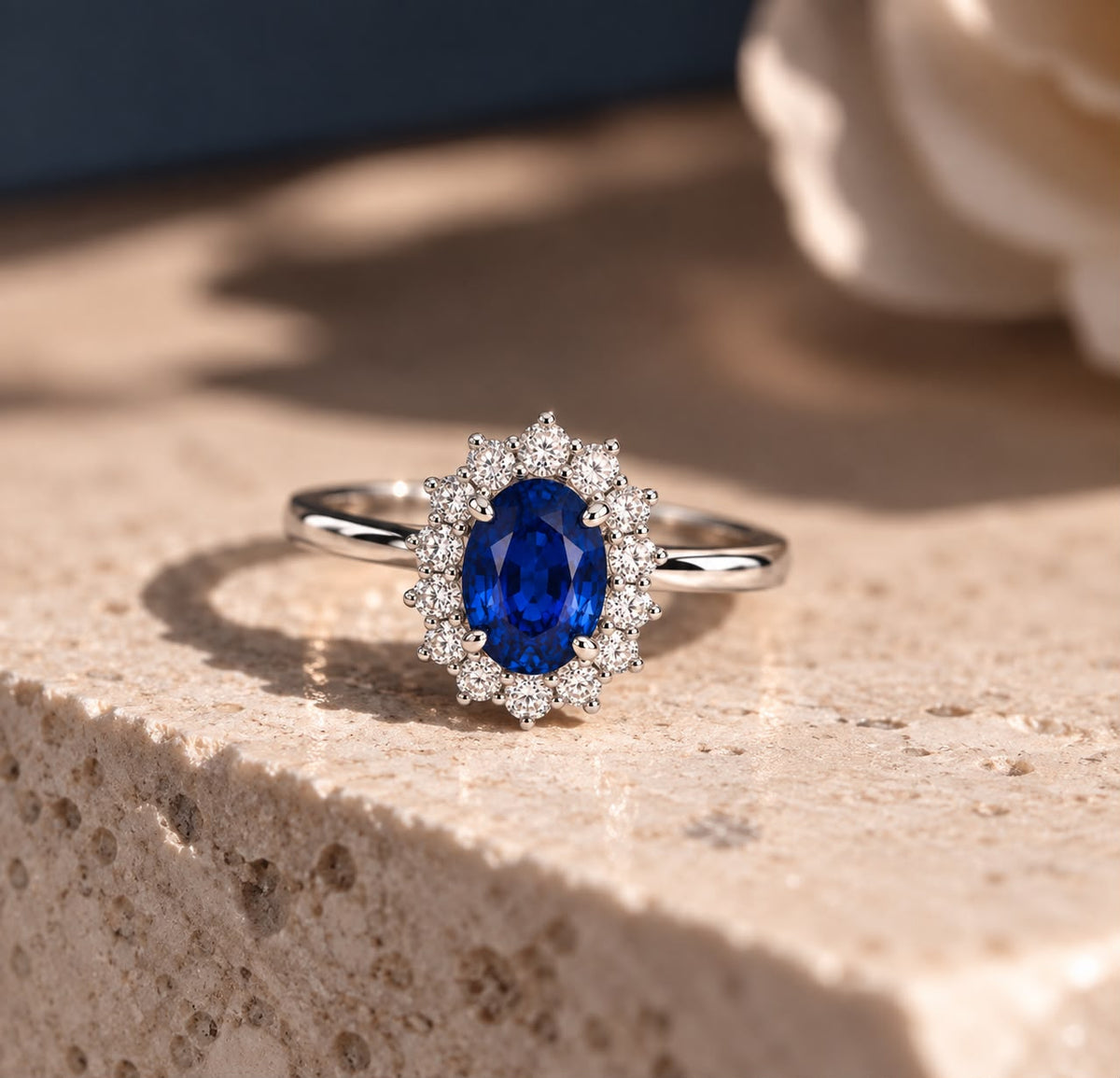 Anello Kate regolabile con Swarovski Bianchi e Zaffiro Centrale Blu