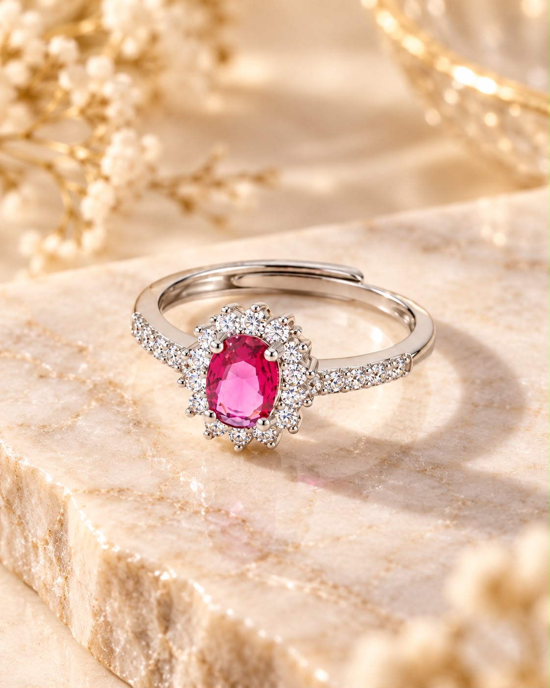 Anello Aurelia con Swarowski Bianchi e Zaffiro Centrale Rosso