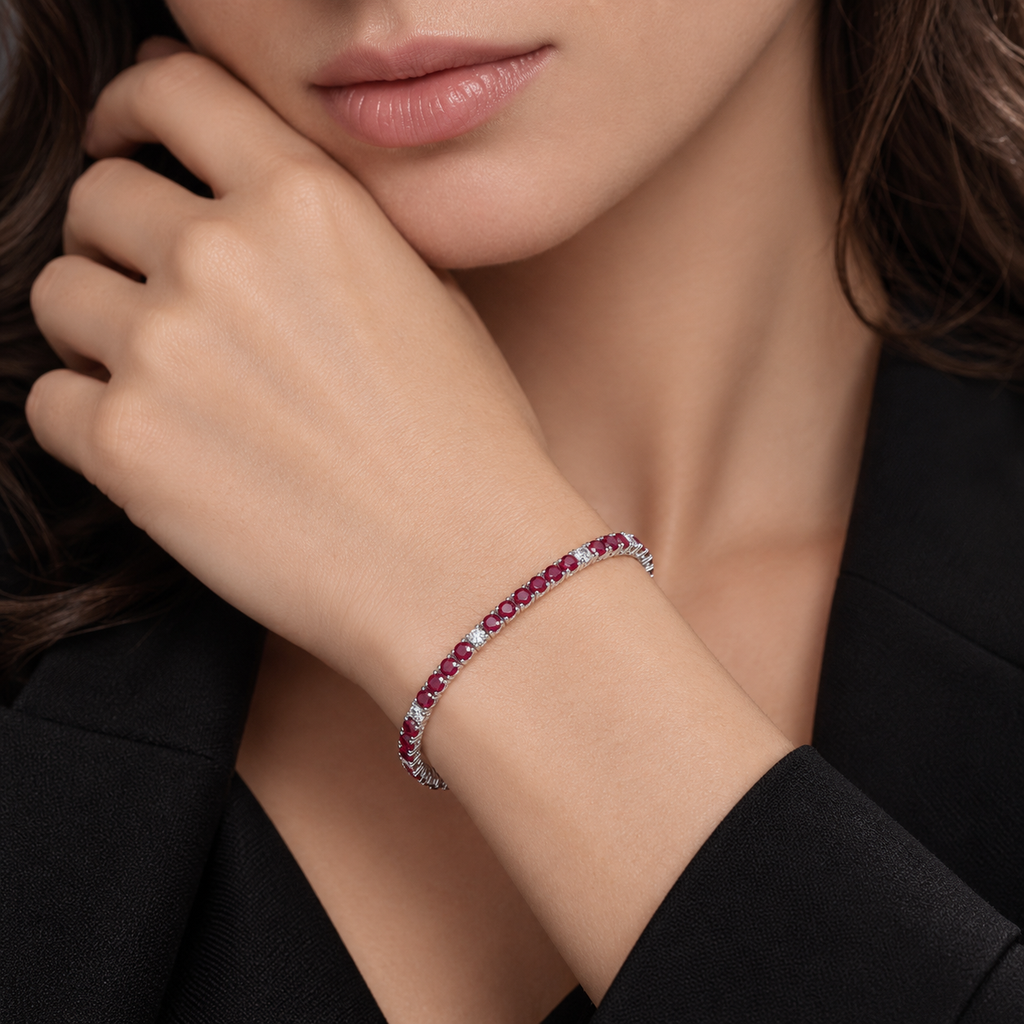 Bracciale Tennis in oro bianco 18k con rubini e diamanti