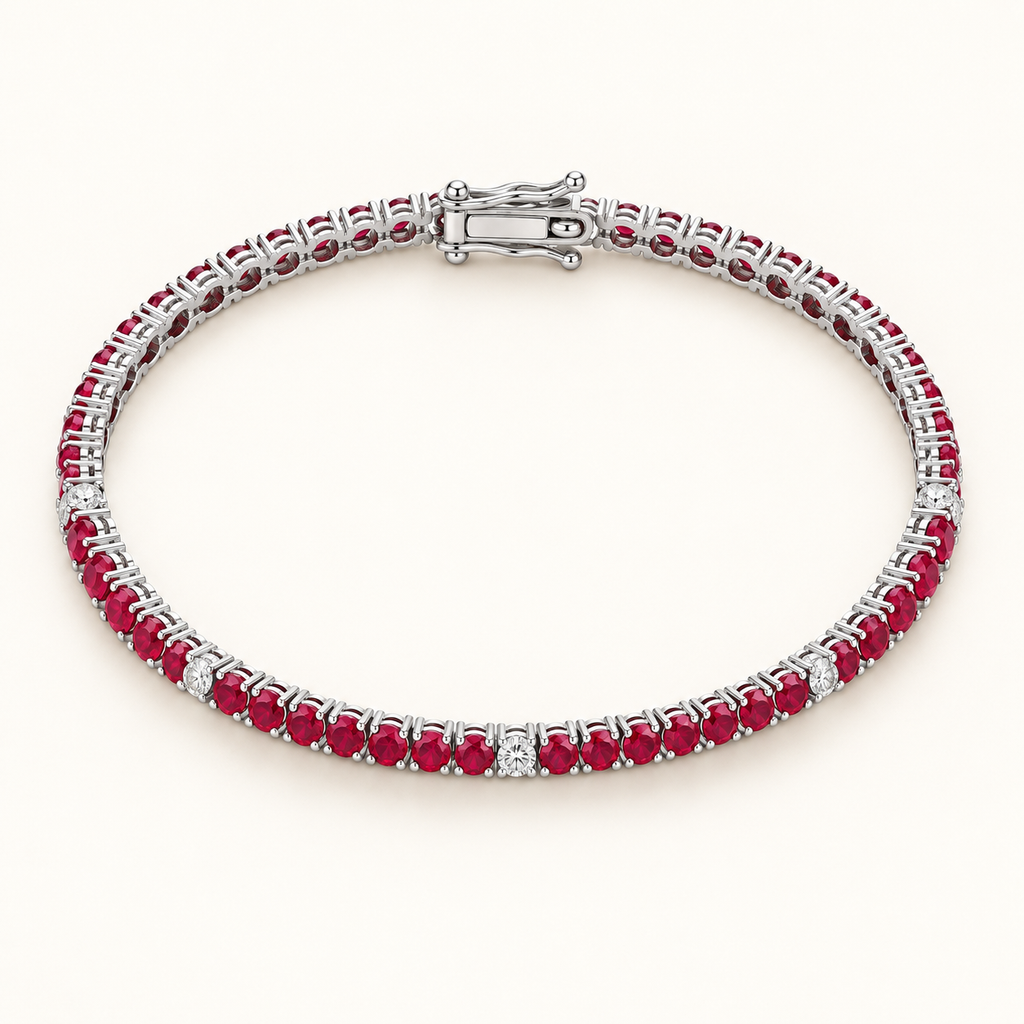 Bracciale Tennis quadro in oro Bianco 18k con rubini e diamanti