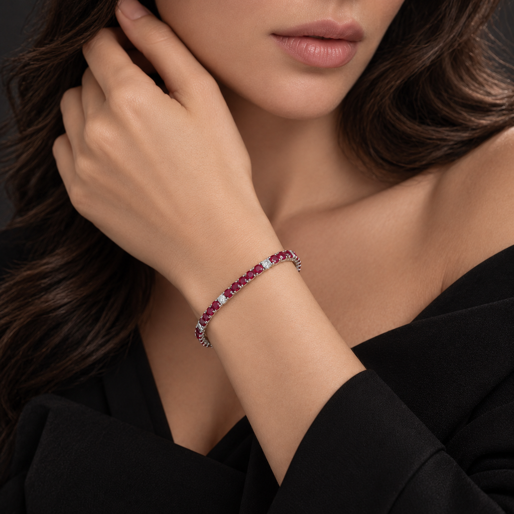 Bracciale Tennis quadro in oro Bianco 18k con rubini e diamanti