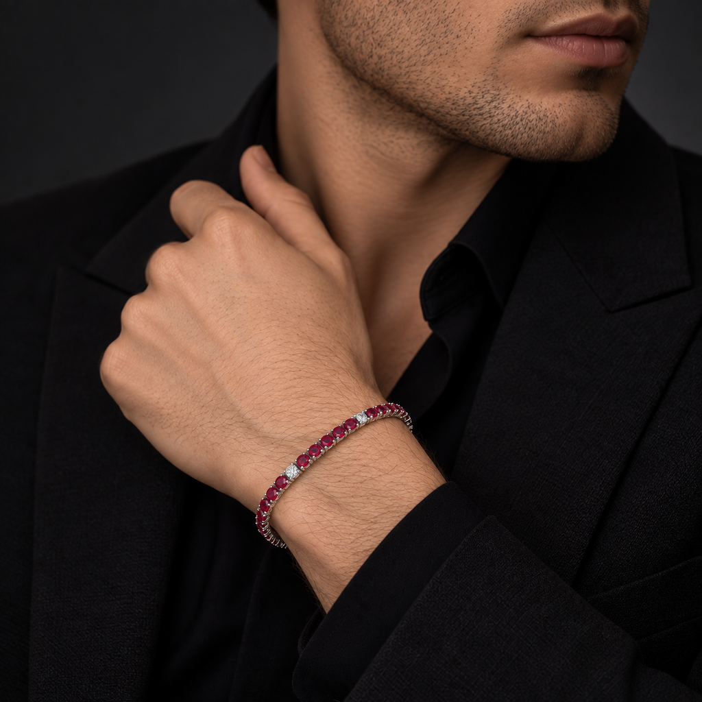 Bracciale Tennis quadro in oro Bianco 18k con rubini e diamanti