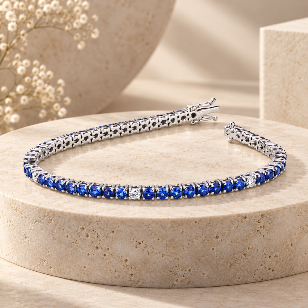 Bracciale tennis in oro bianco 18k con zaffiri blu e diamanti
