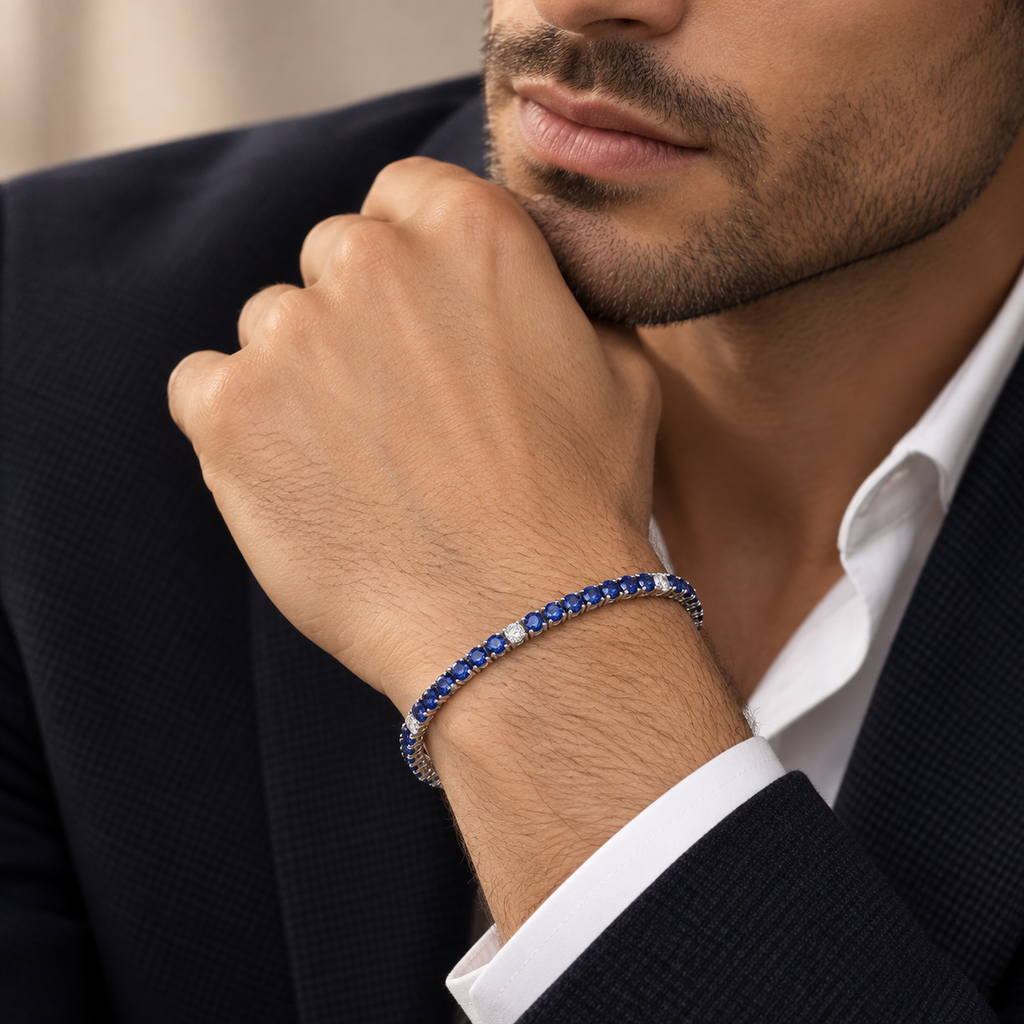 Bracciale tennis in oro bianco 18k con zaffiri blu e diamanti