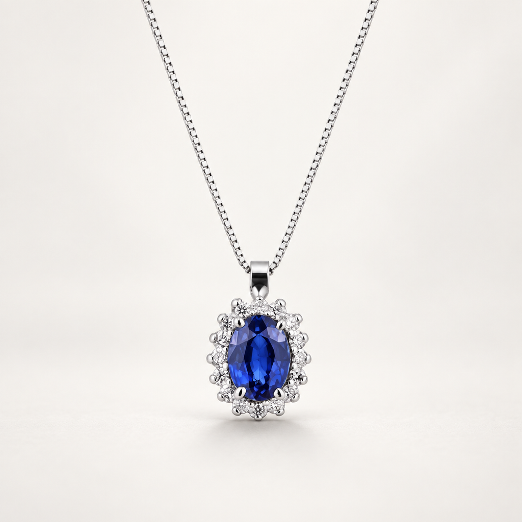 Collana in oro Bianco 18k con Zaffiro blu e contorno in diamanti