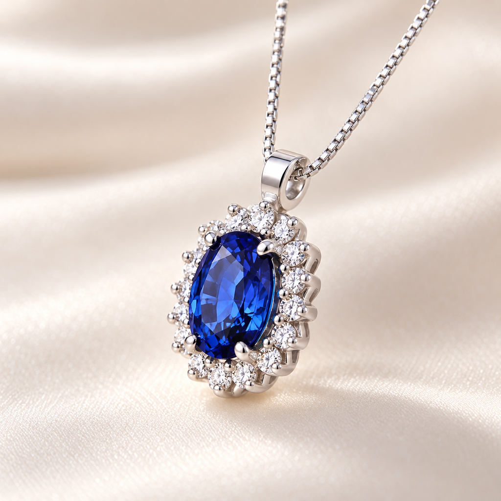 Collana in oro Bianco 18k con Zaffiro blu e contorno in diamanti