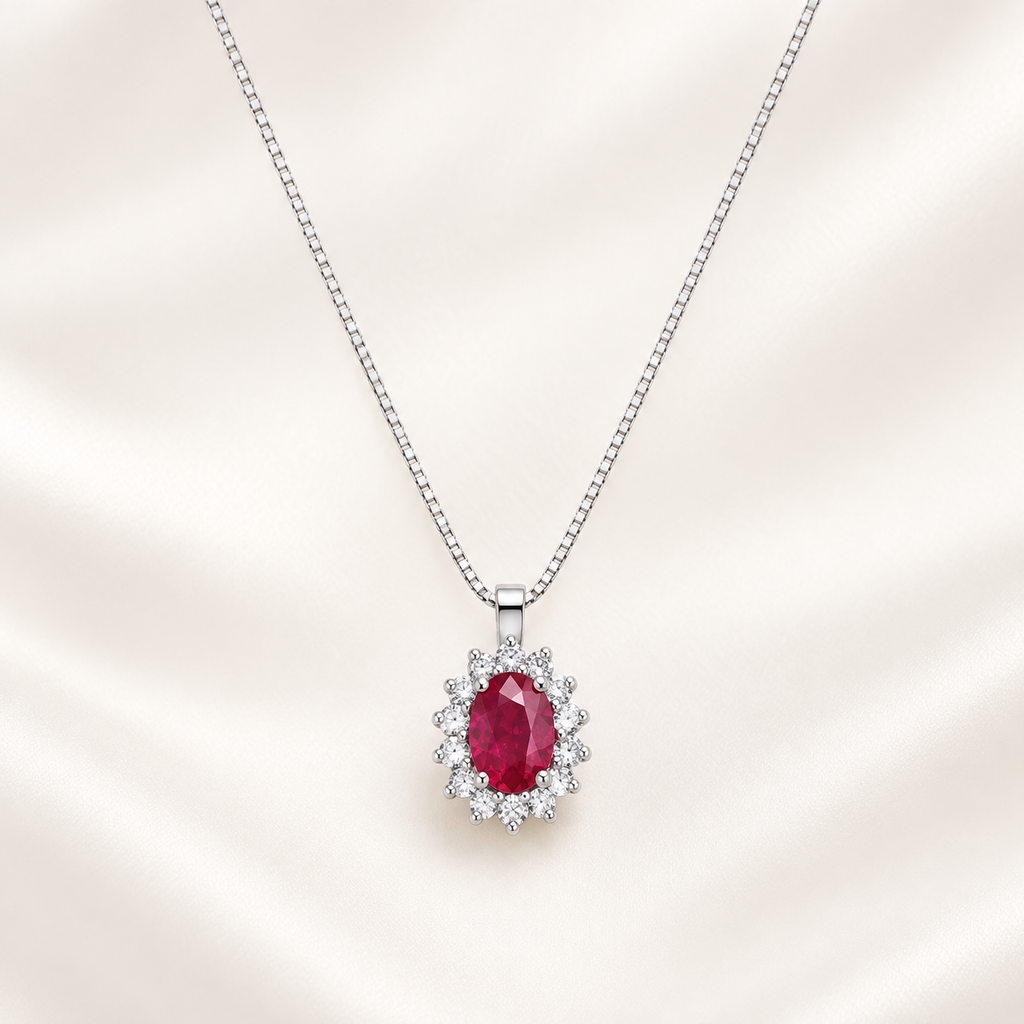 Collana in oro bianco 18k con rubino e diamanti