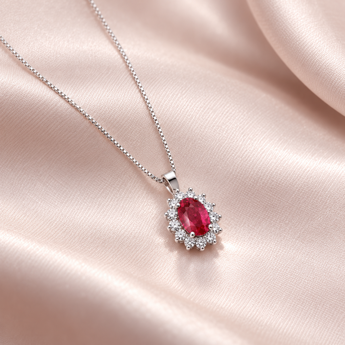 Collana in oro bianco 18k con rubino e diamanti