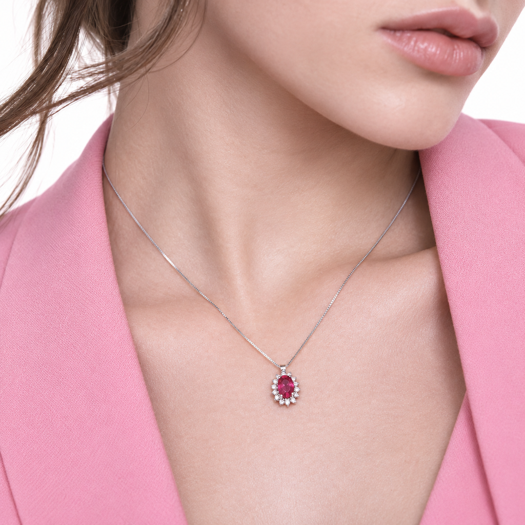 Collana in oro bianco 18k con rubino e diamanti