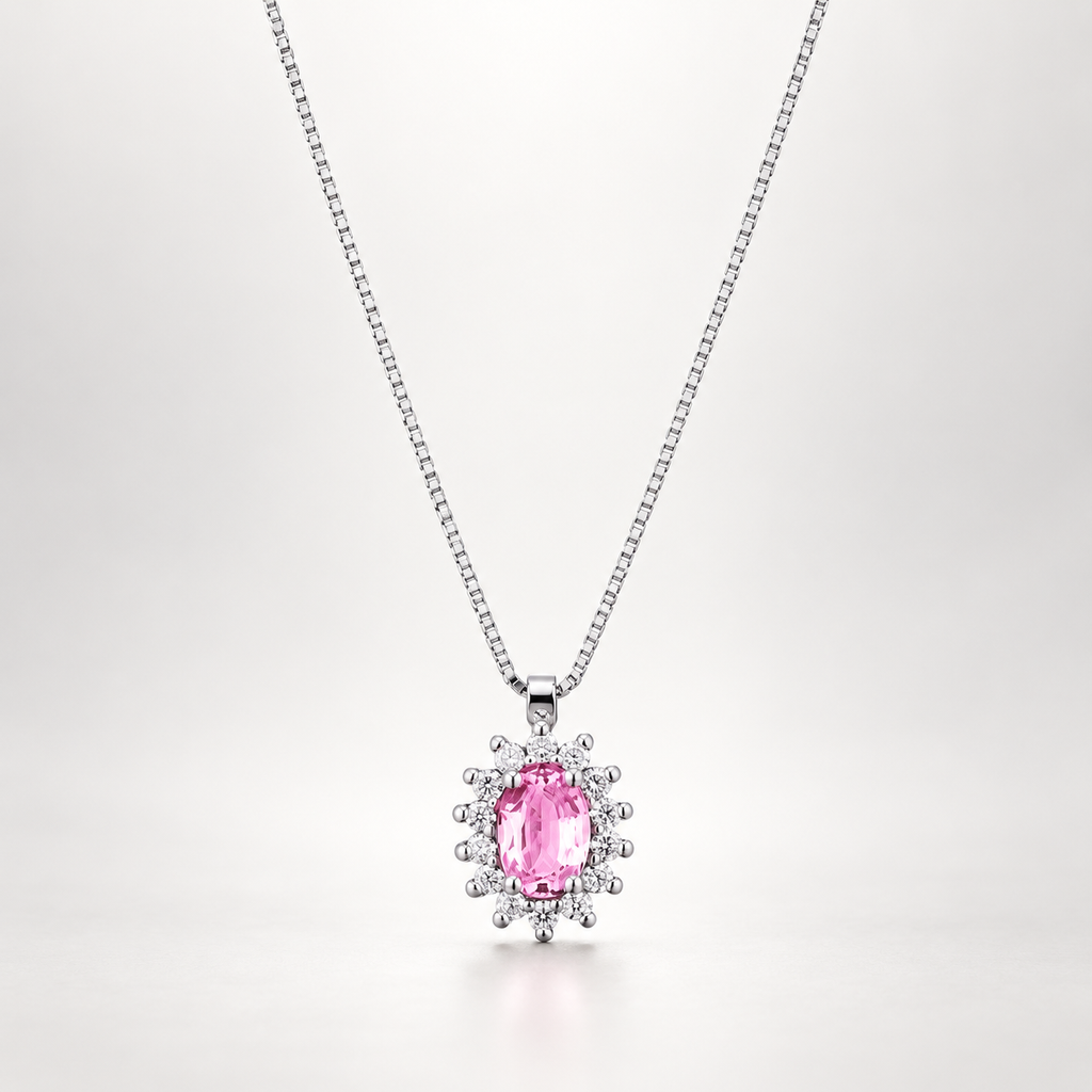 Collana in oro bianco 18k con zaffiro rosa e diamanti