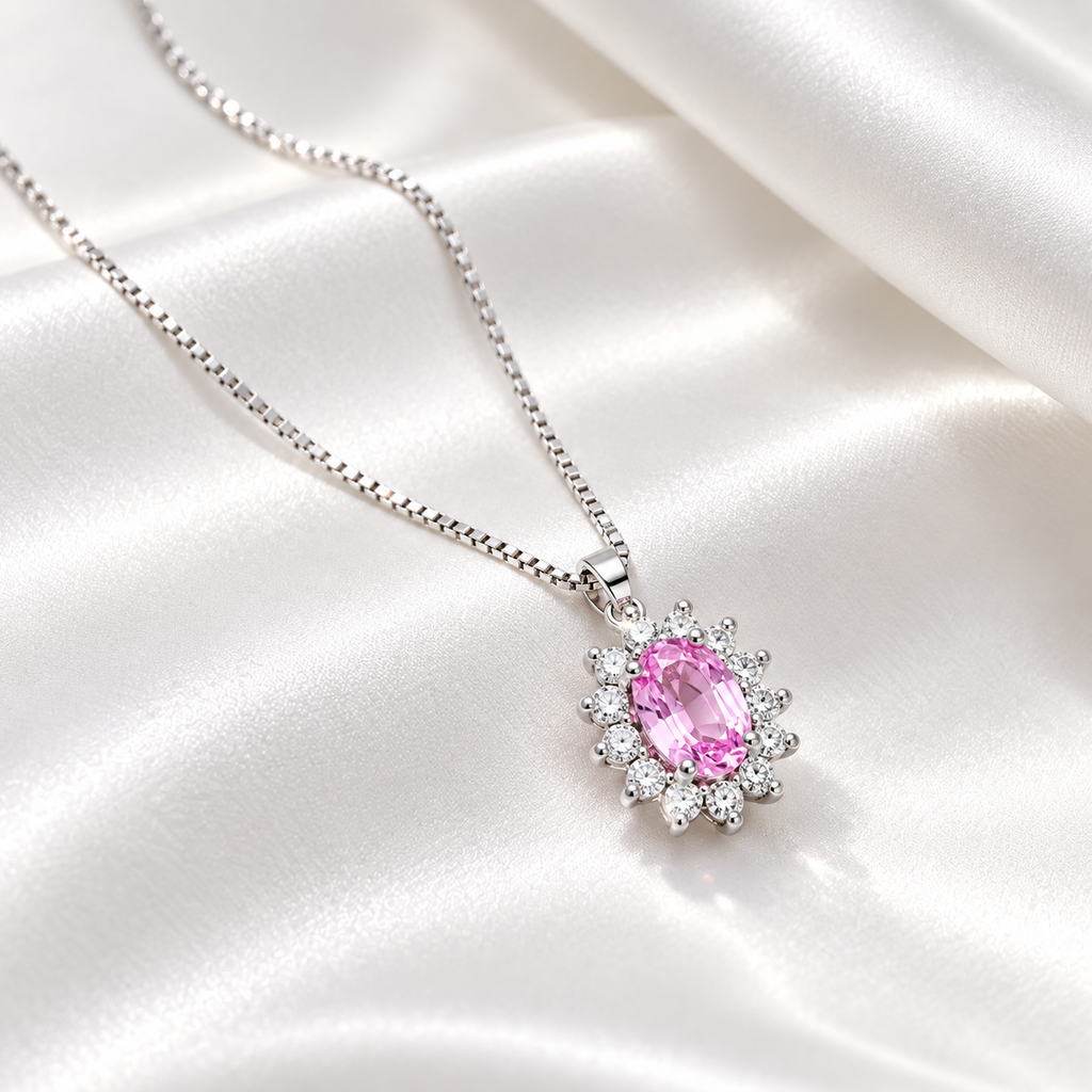 Collana in oro bianco 18k con zaffiro rosa e diamanti