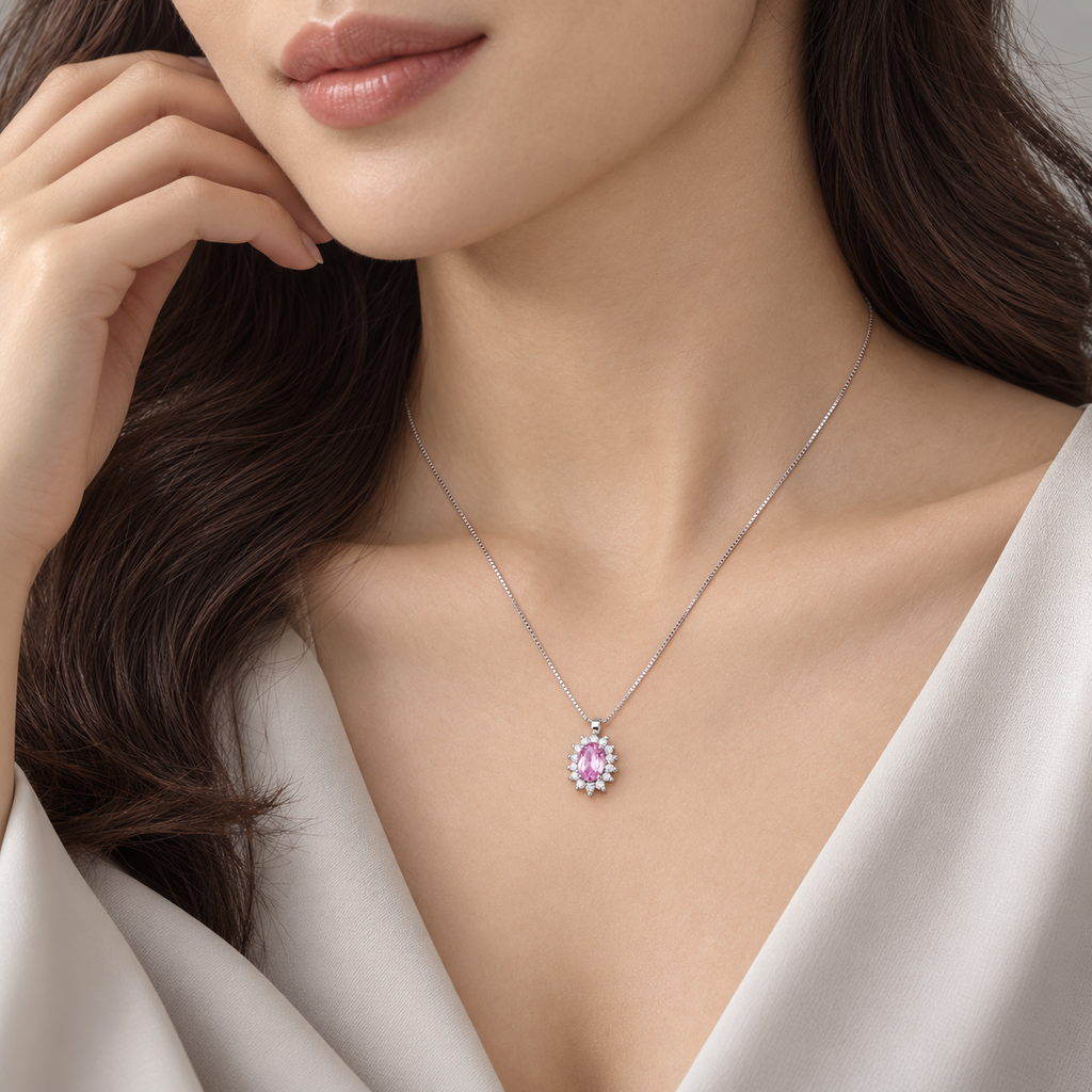 Collana in oro bianco 18k con zaffiro rosa e diamanti