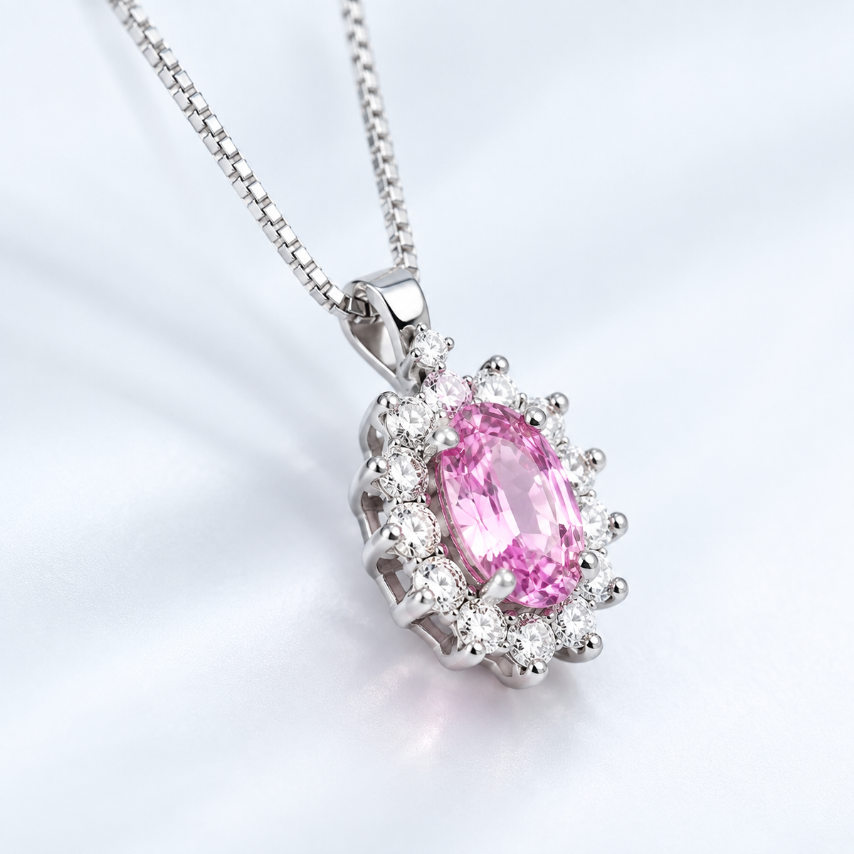 Collana in oro bianco 18k con zaffiro rosa e diamanti