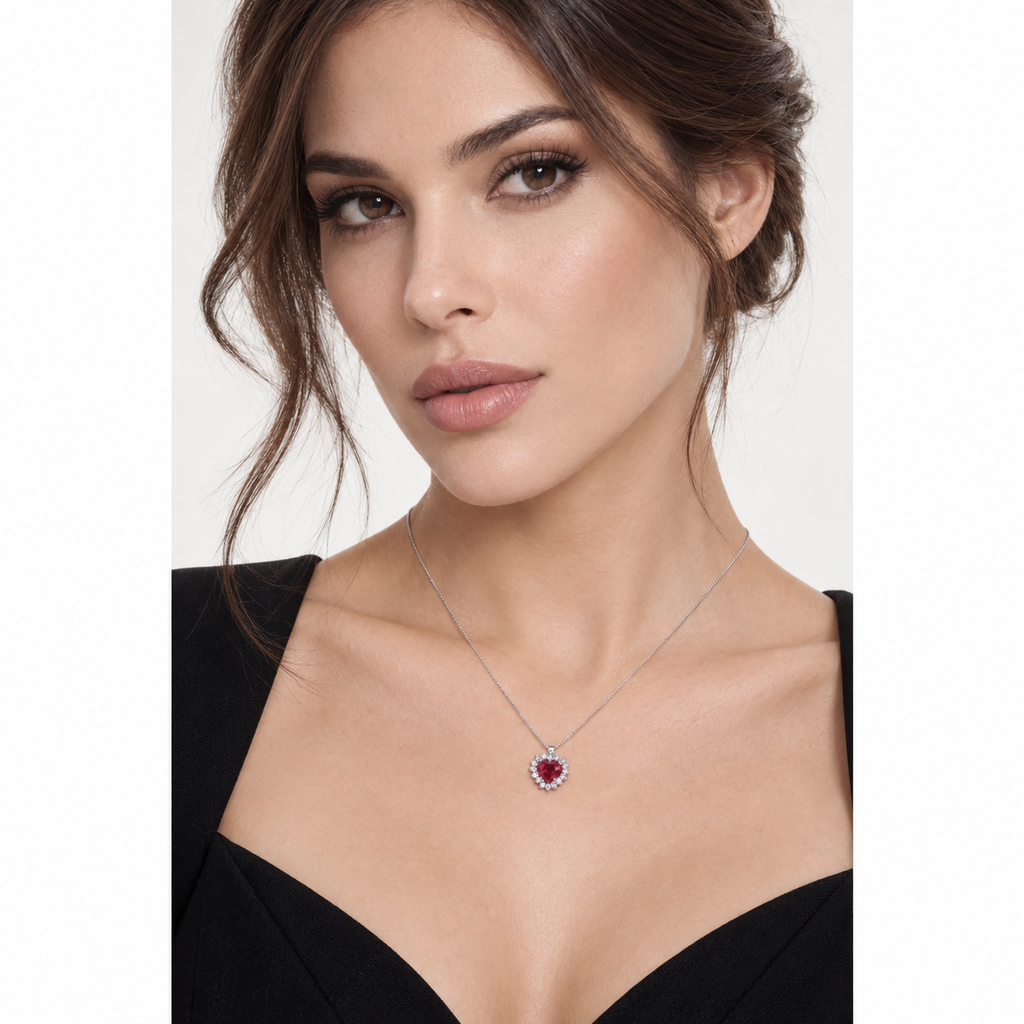 Collana in oro bianco 18k con rubino a cuore contornato di diamanti