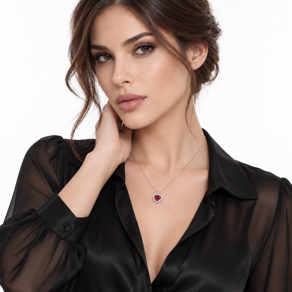 Collana in oro bianco 18k con rubino a cuore contornato di diamanti