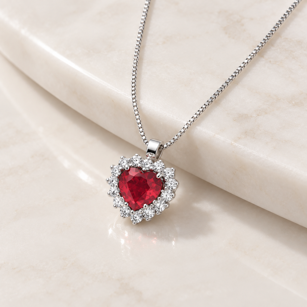 Collana in oro bianco 18k con rubino a cuore contornato di diamanti
