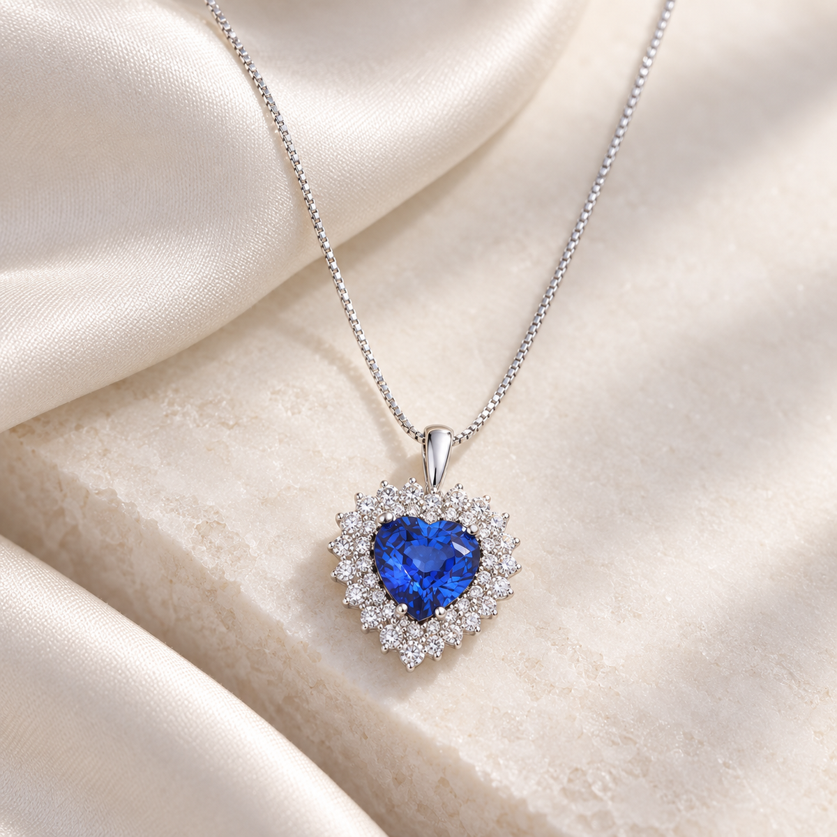 Collana in oro bianco 18k con zaffiro blu taglio cuore e doppio contorno di diamanti