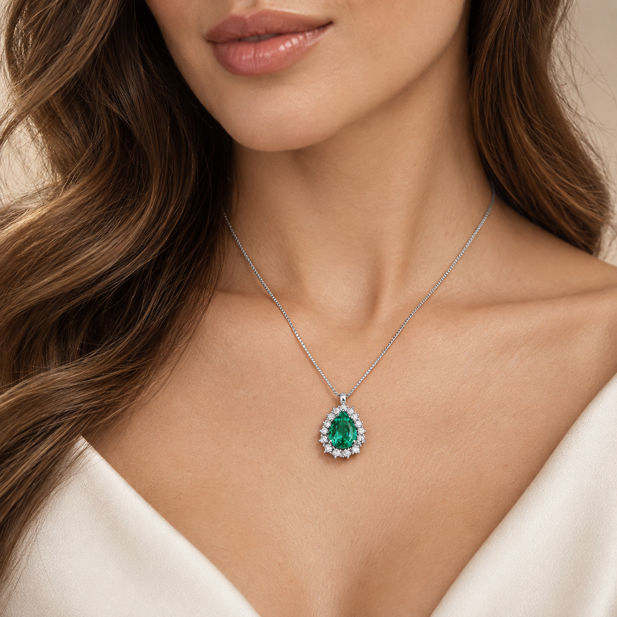 Collana in oro bianco 18k con Smeraldo a goccia contornato di diamanti