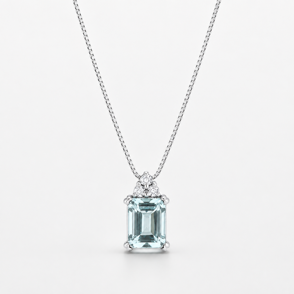 Collana in oro Bianco 18k Acquamarina taglio smeraldo e diamanti