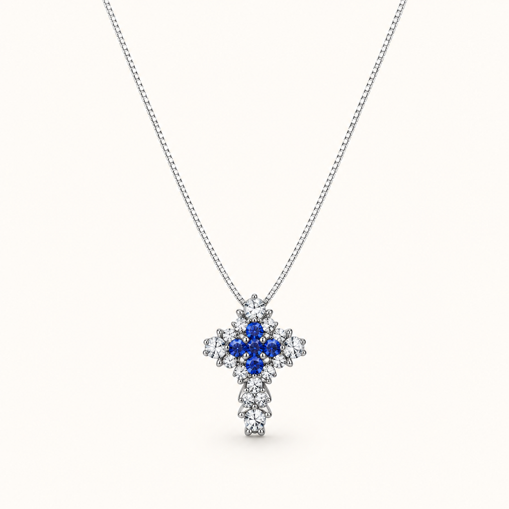Collana con croce in oro bianco 18k con Diamanti e Zaffiri Blu