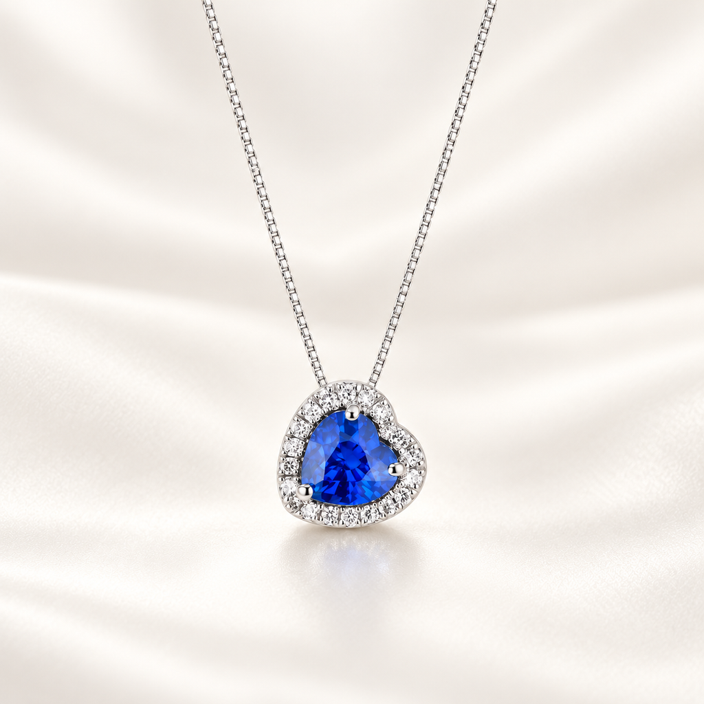 Collana in oro bianco 18k con pendente a cuore con zaffiro blu e diamanti