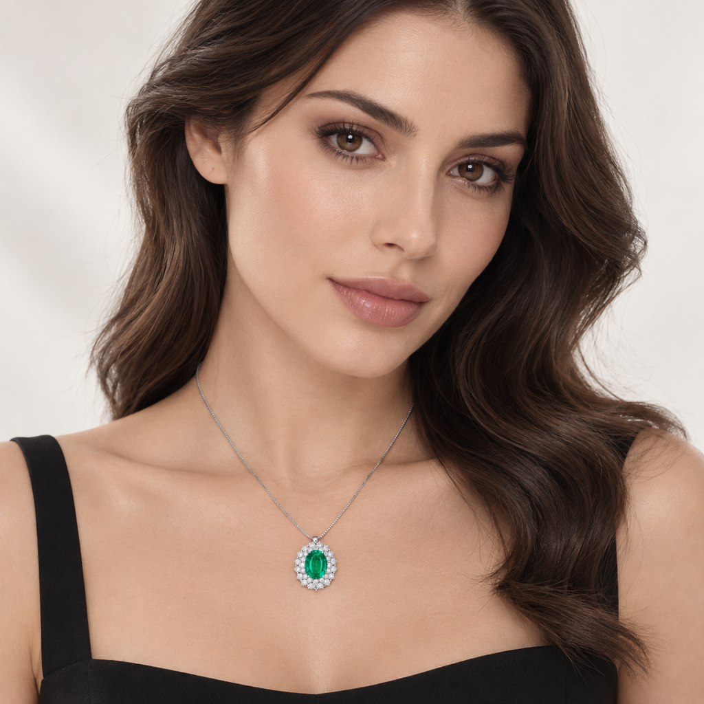 Collana in oro bianco 18k con smeraldo e doppio contorno di diamanti