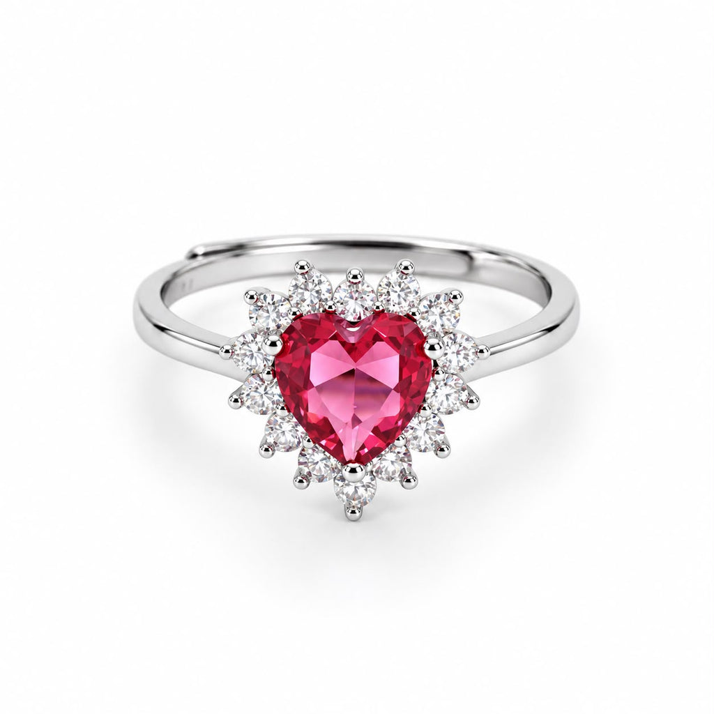 Anello Cuore regolabile con Swarovski Bianchi e Rubino Centrale Rosso