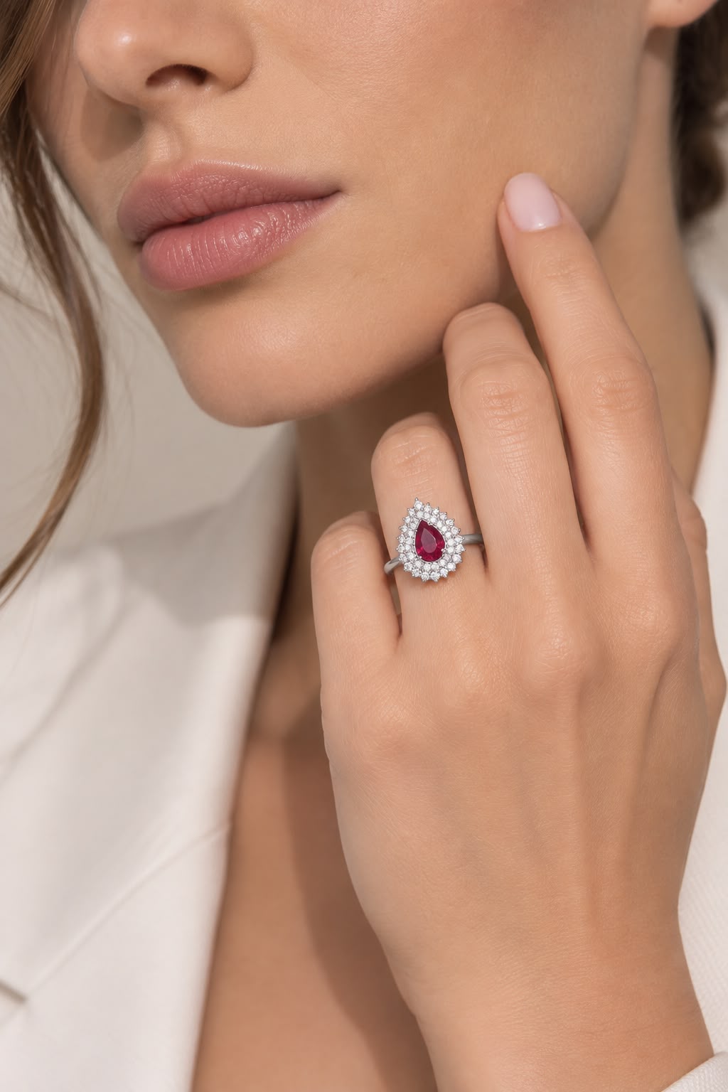 Anello Kate in oro bianco 18k con rubino a goccia e diamanti.