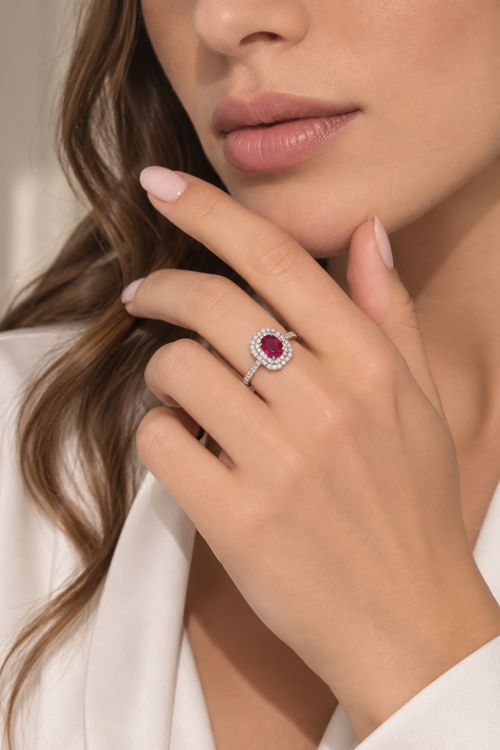 Anello Prism modello Contorno in oro bianco 18k con Rubino e diamanti