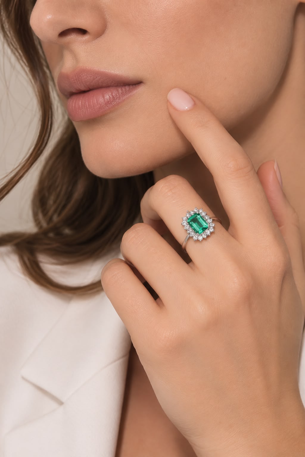 Anello Imperial in oro bianco 18k con smeraldo rettangolare e diamanti