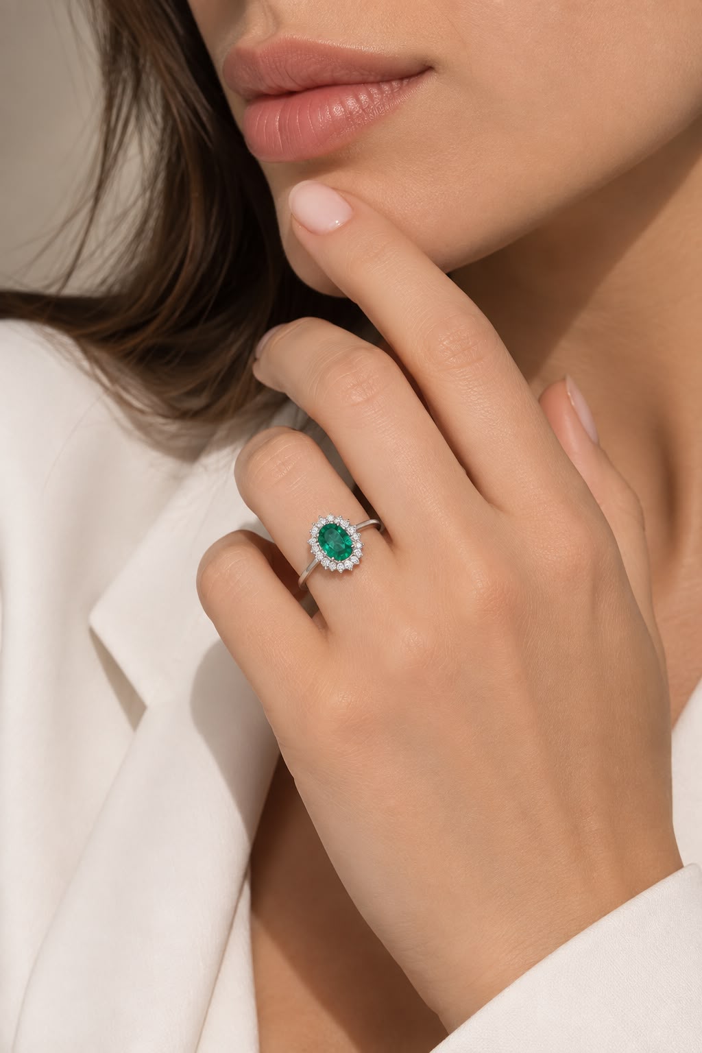 Anello Love in oro bianco 18k con diamanti e smeraldo ovale