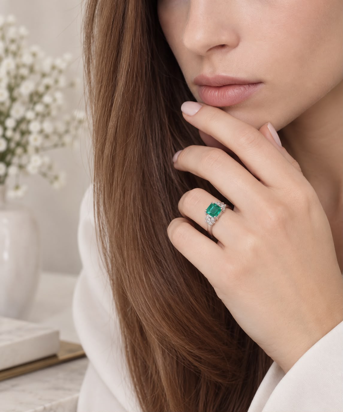 Anello Arte in oro bianco 18k con Smeraldo e Diamanti taglio baguette