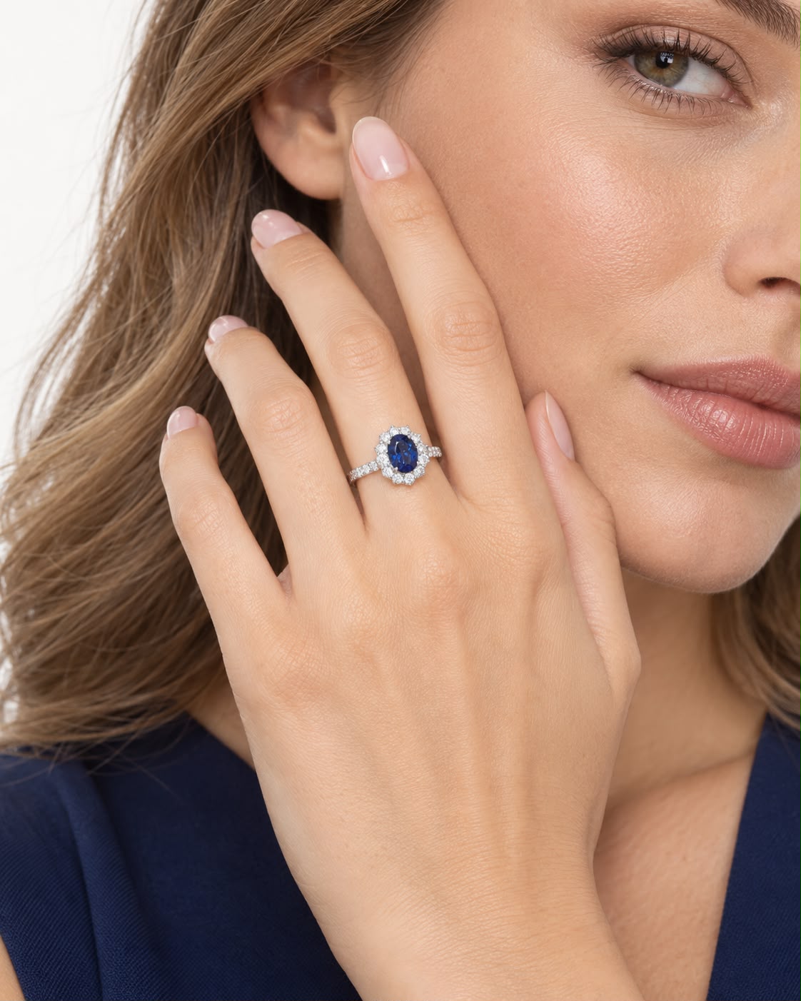 Anello Royal in oro bianco 18k con diamanti su gambo e contorno e Zaffiro Blu