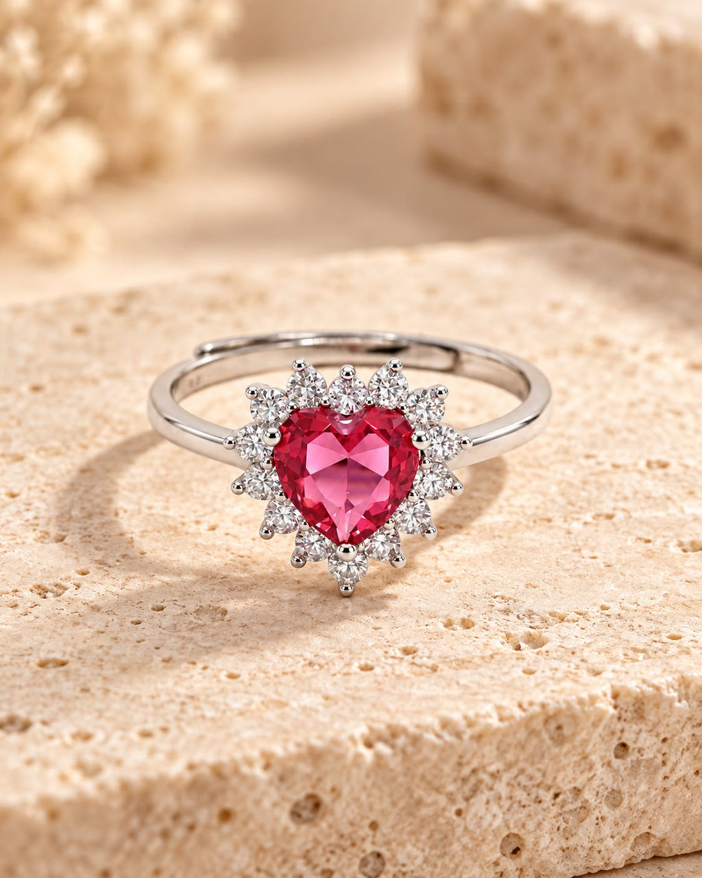 Anello Cuore regolabile con Swarovski Bianchi e Rubino Centrale Rosso
