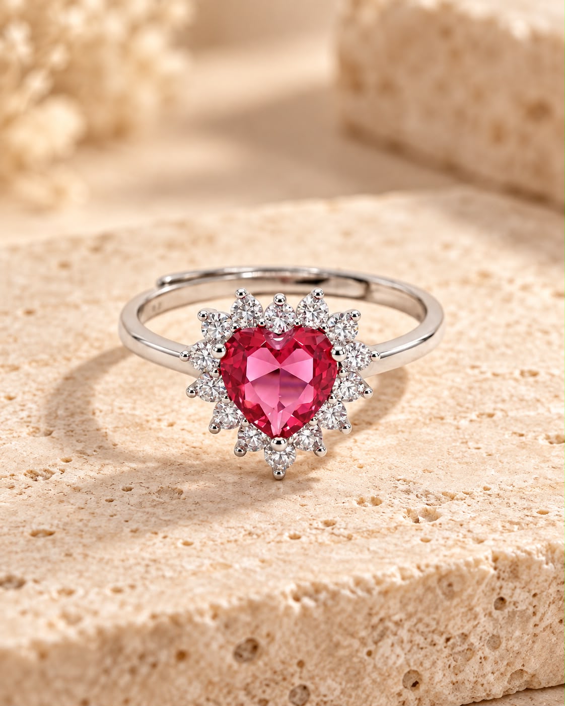 Anello Cuore regolabile con Swarovski Bianchi e Rubino Centrale Rosso
