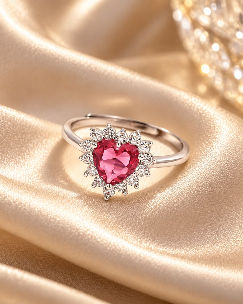Anello Cuore regolabile con Swarovski Bianchi e Rubino Centrale Rosso