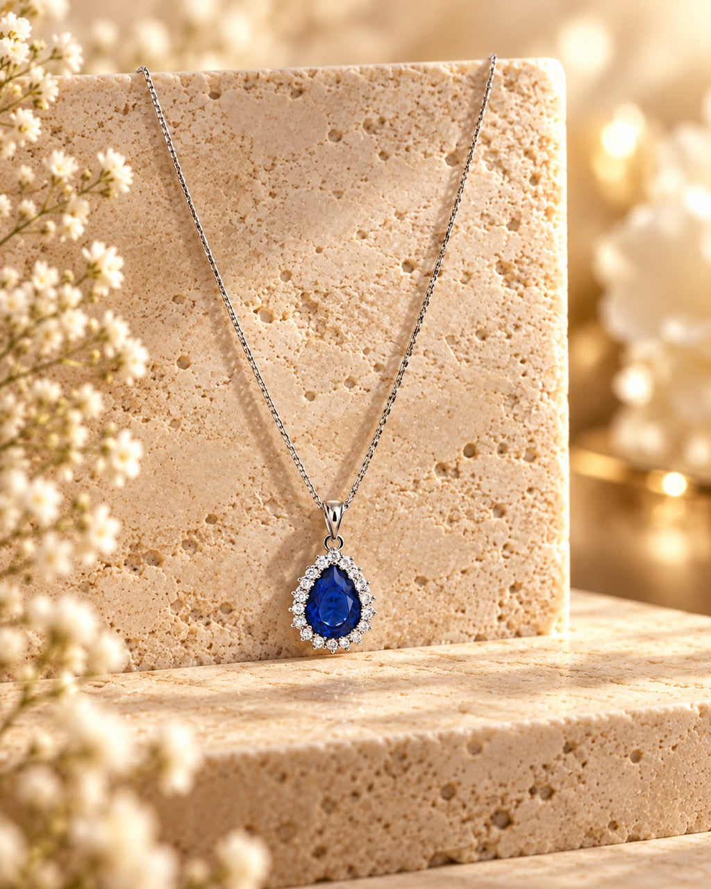 Collana Goccia con contorno Swarovski Bianchi e Zaffiro Blu Notte