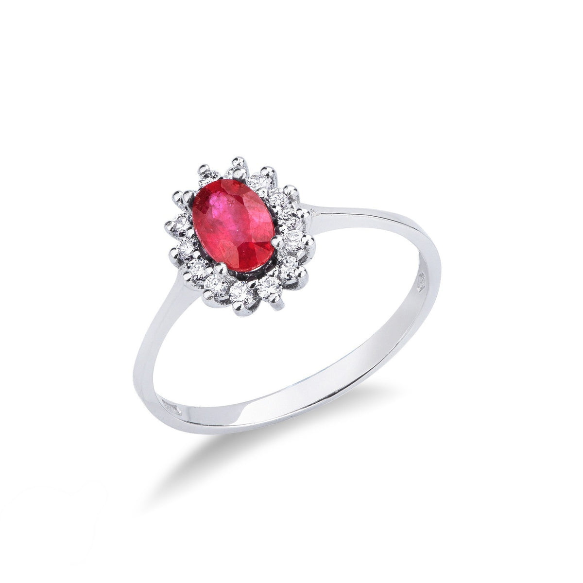 Anello Rubino Crown Diamanti e Rubino taglio Ovale in oro bianco 18k