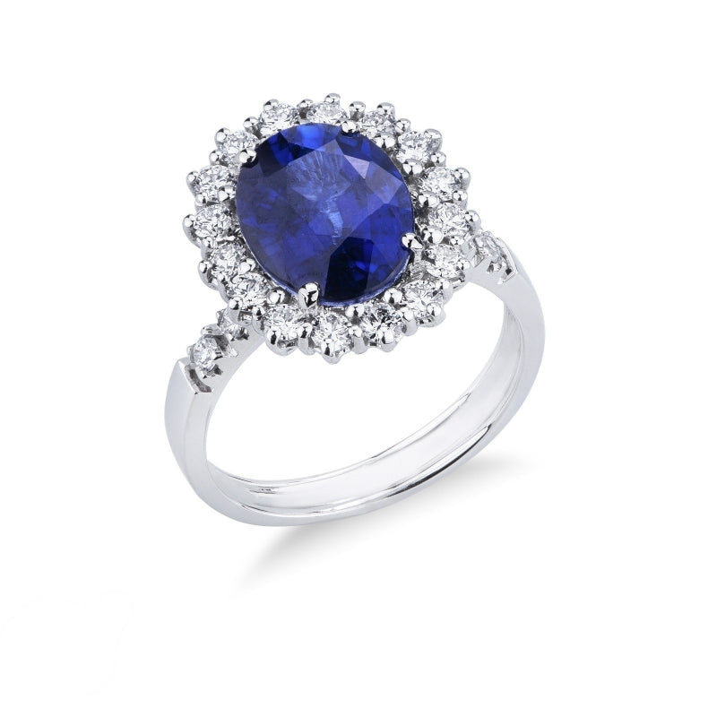Anello Margherita con zaffiro blu ovale e diamanti sul contorno