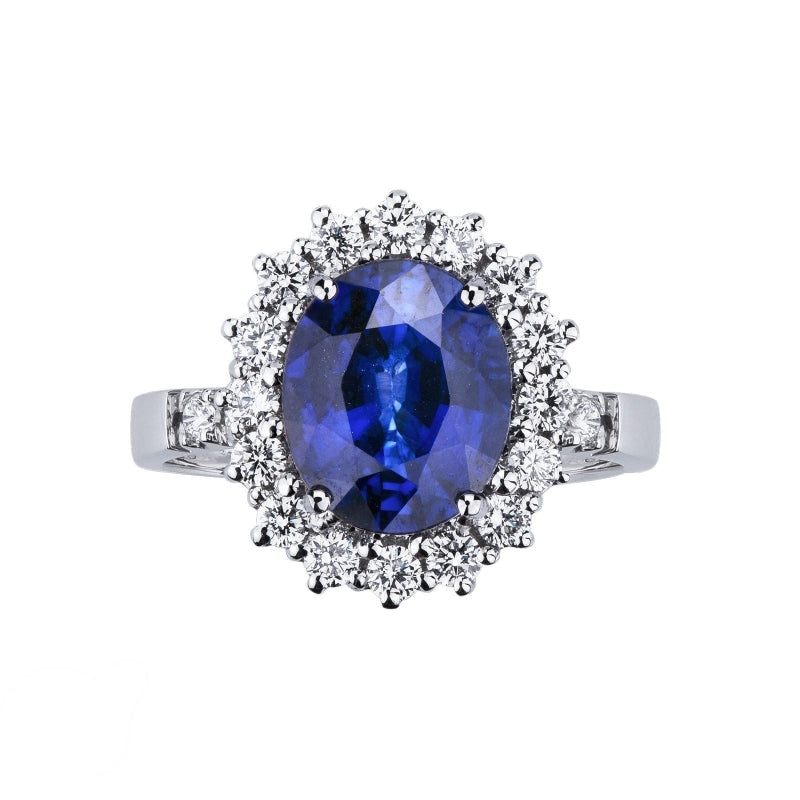 Anello Margherita con zaffiro blu ovale e diamanti sul contorno