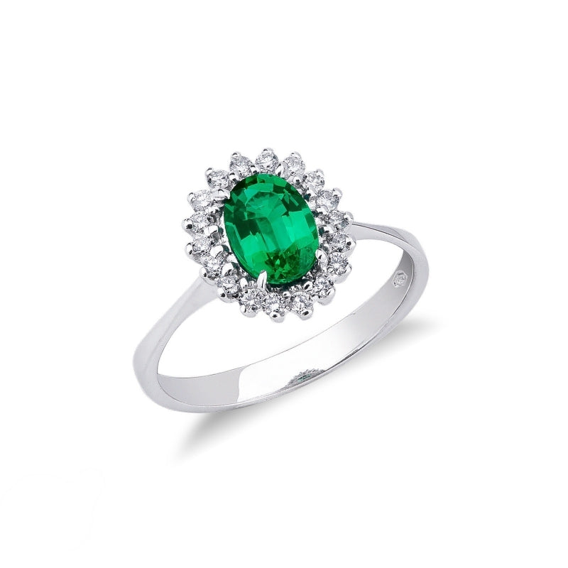 Anello Love in oro bianco 18k con diamanti e smeraldo ovale