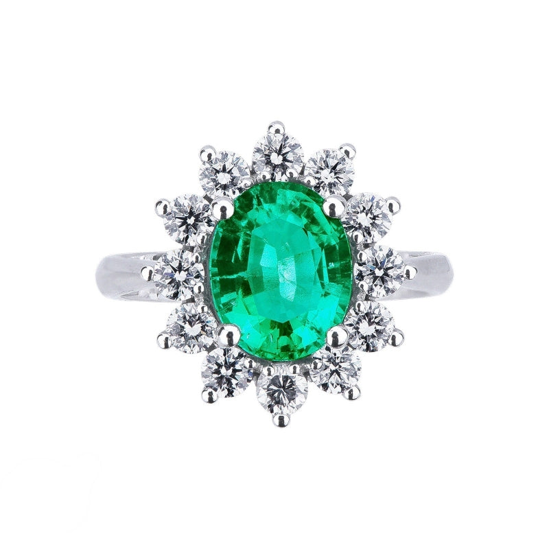 Anello Princess in oro bianco 18k con diamanti e smeraldo ovale