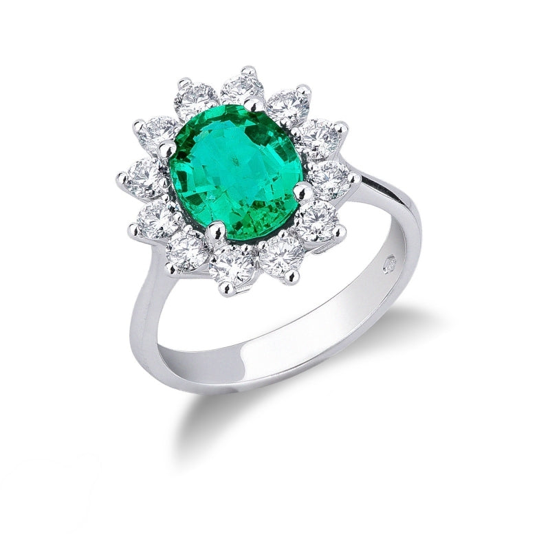 Anello Princess in oro bianco 18k con diamanti e smeraldo ovale