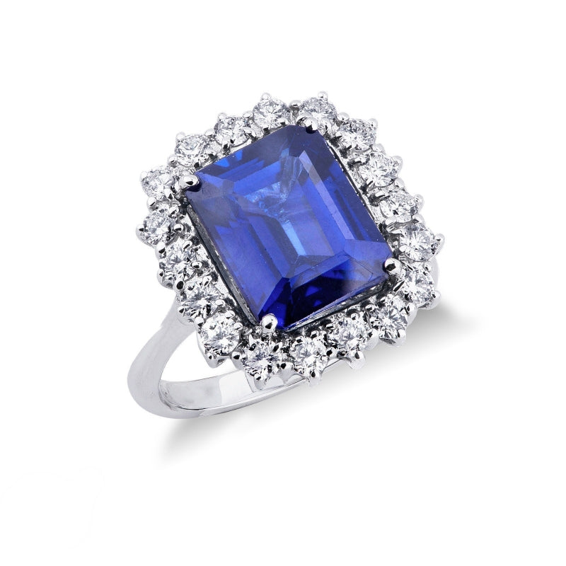 Anello Incanto in oro bianco 18k con diamanti e Zaffiro blu rettangolare di circa 12x10 mm