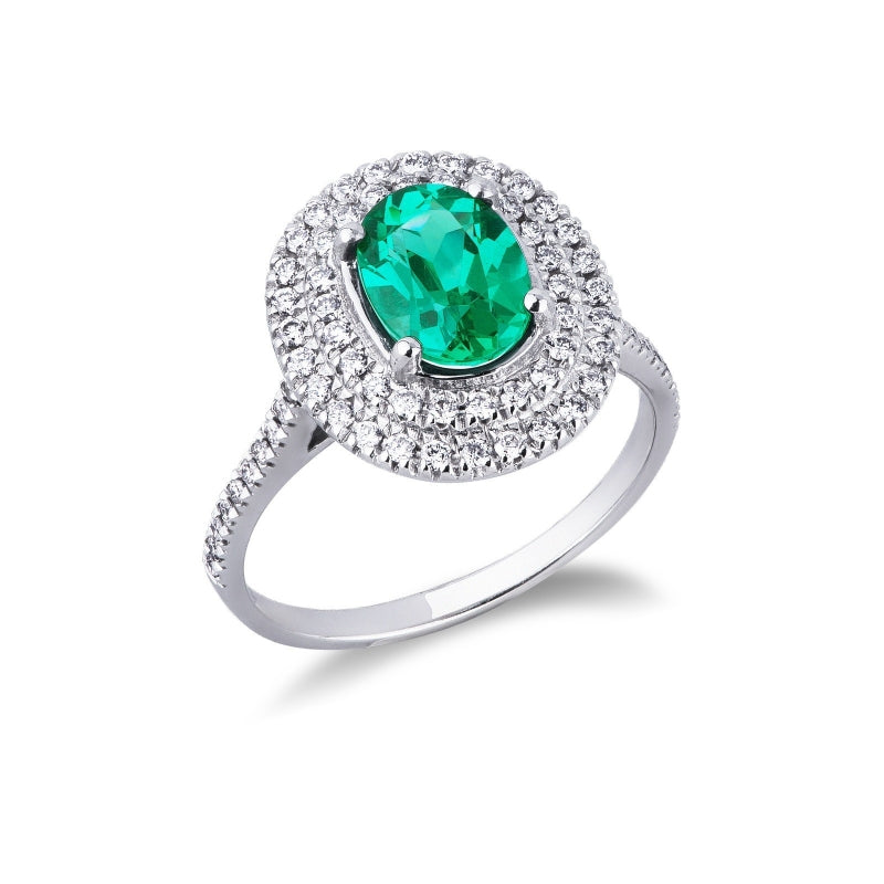Anello Reale in oro bianco 18k con diamanti a contorno e Smeraldo centrale