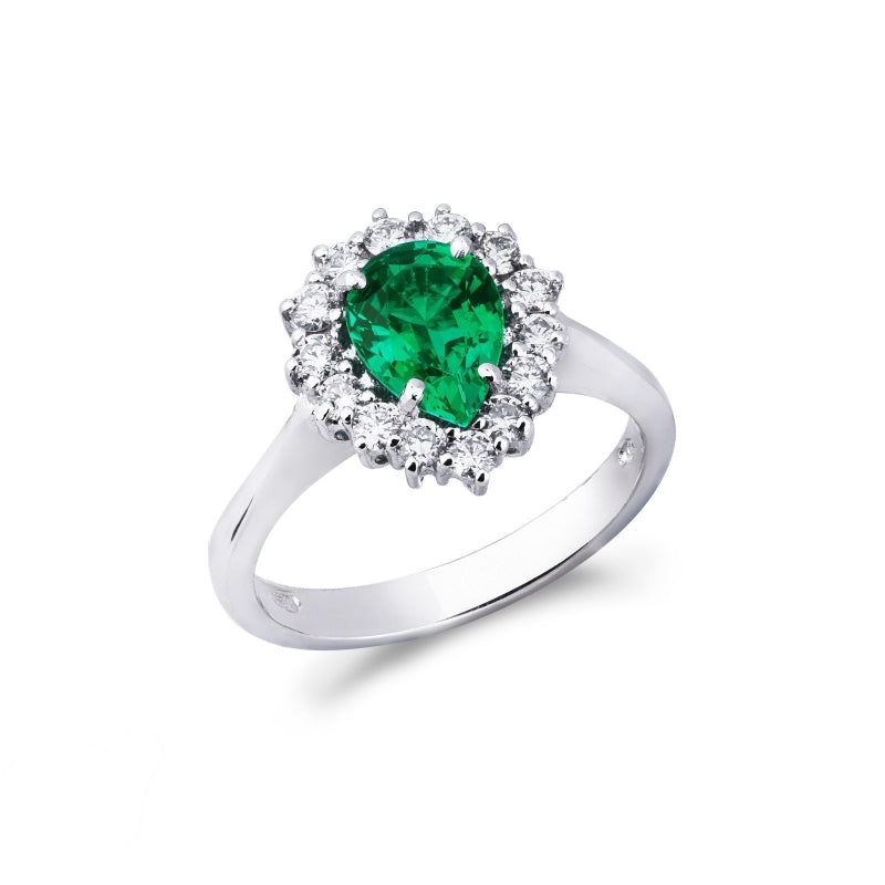 Anello Shine in Oro Bianco 18k con Diamanti a contorno e Smeraldo taglio a goccia