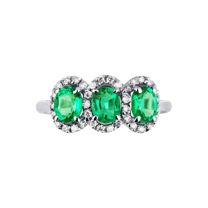 Anello Trilogy in oro bianco 18k con diamanti e smeraldi ovali